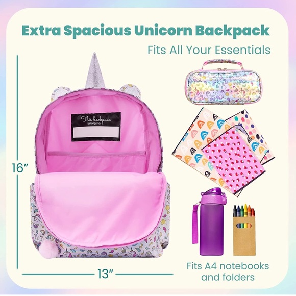 Ombu Girls Unicorn Backpack. Fun and whimsical iridescent fabric. - Picture 10 of 11